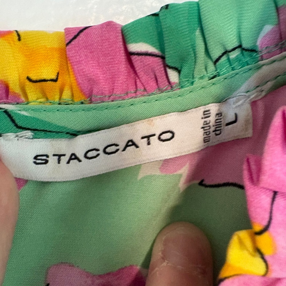 Staccato Dress Womens L Green Pink Floral Ruffle Tiered Sleeveless Casual - Picture 4 of 8